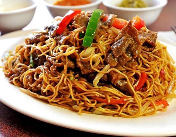 Beef chowmein noodles with vegetables at Mustang Thakali Kitchen San Marcos TX